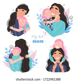 Hermosa joven mujer y su encantadora pequeña hija. Las chicas abrazan a mamá y sonríen. Ilustración vectorial en estilo moderno. Conjunto de ilustraciones para el día de la madre