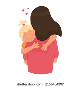 Beautiful young woman and her charming little daughter. Girl hugs mom and smiles. illustration for mothers day