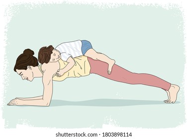 Beautiful young woman and her son doing yoga together at home. Concept motherhood child-rearing. Vector illustration. lady Plank pose.