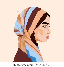 Beautiful young woman with hijab holding a blank sign. A brunette woman with a scarf on her head. A stylish accessory. A colored handkerchief covers the girl's shin. Protection from the sun. Portraits