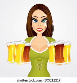 beautiful young woman holding 6 mugs of light and dark beer