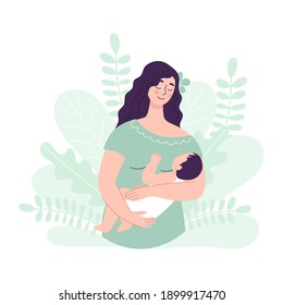 Beautiful young woman holding a baby. The concept of happy motherhood, family, love. Vector illustration in flat style on floral background.