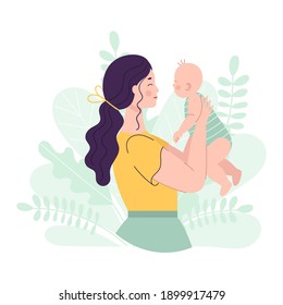 Beautiful young woman holding a baby. The concept of happy motherhood, family, love. Vector illustration in flat style on floral background.