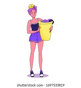 Beautiful young woman is holding a basin with laundry. Housewife with basket of freshly washed clothes. housekeeper or maid doing housework. Cartoon style. Stock isolated vector illustration on white.