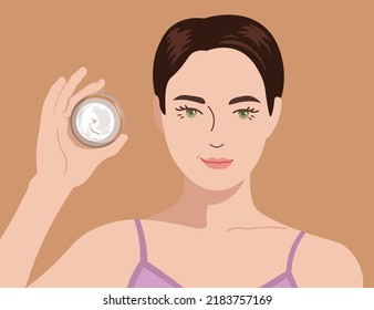 Beautiful young woman holding a cosmetic product. Woman's face and cream. Skin care banner. Skin care, mask application and cosmetics. Vector concept illustration.