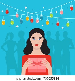 Beautiful young woman holding gift box under garland at party, detailed flat style vector illustration isolated on stylish blue background