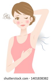 beautiful young woman holding her arm up with odor. isolated on white background