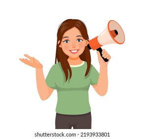 Beautiful young woman holding megaphone shouting loud making announcement with hand showing for copy space
