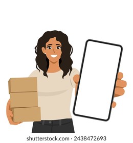 Beautiful young woman is holding packages box and show the screen in mobile phone. Flat Vector Illustration Isolated on White Background