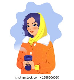 beautiful young woman holding a paper cup of hot coffee, tea or chocolate. Christmas Holidays winter concept. hipster girl. coffee to go. isolated vector illustration on white background