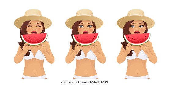 Beautiful young woman holding slice of juicy watermelon and smiling isolated vector illustration