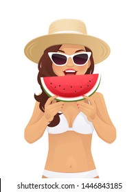 Beautiful young woman holding slice of juicy watermelon in sunglasses and straw summer hat isolated vector illustration