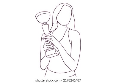 beautiful young woman holding a trophy hand drawn style vector illustration