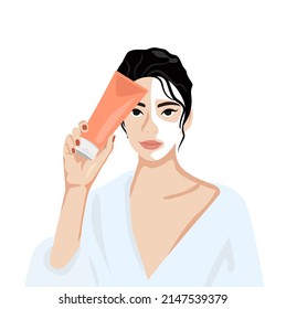 Hermosa joven sosteniendo un tubo de crema en la mano. Utiliza un producto cosmético. La cara de las mujeres con una máscara cosmética. Cartel de cuidado de la piel. Cuidado de la piel, enmascaramiento y cosméticos. Ilustración vectorial Belleza 