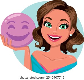 Beautiful young woman holds a smiling balloon in her hands. Beauty and fashion. Health and cosmetology. Positive psychology. 