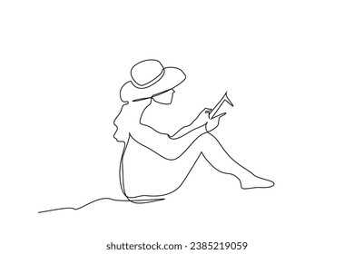 beautiful young woman holiday hat seaside beach relax reading book life line art design