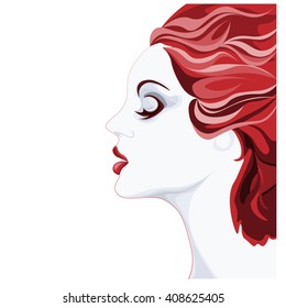 beautiful young woman image, profile of calm lovely girl, attractive lady with red fluttered hair and red lips