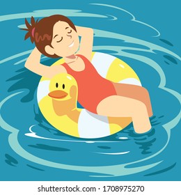 Beautiful young woman with inflatable ring relaxing in blue swimming pool. Nice summer time. Vacation. Safe at home concept.