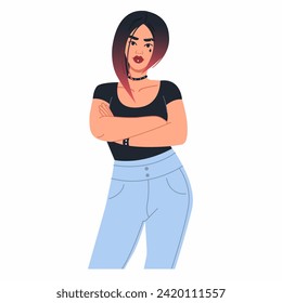 A beautiful young woman of informal appearance stands with her arms crossed over her chest. A female character with dyed hair, fashionable hairstyle and piercings. Posing. Vector. Flat style