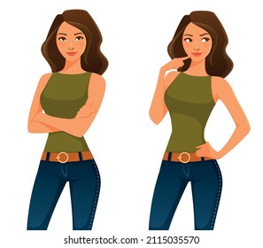 beautiful young woman in jeans, standing with her arms crossed or thinking. Cartoon illustration. Isolated on white.