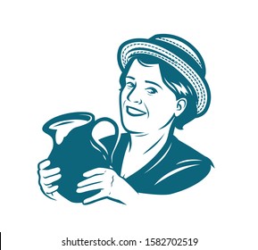 Beautiful Young Woman With A Jug Of Milk. Dairy Farm Vector Illustration