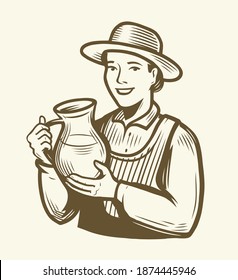 Beautiful young woman with jug of milk. Dairy farm sketch vintage vector