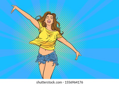 Beautiful young woman jumping from happiness, lifestyle. Pop art retro comic book vector illustration.