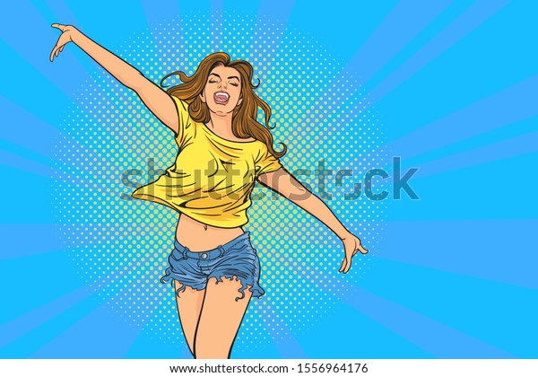 美しい若い女性が幸せやライフスタイルから飛び降りる レトロなポップアートの漫画本のベクターイラスト のベクター画像素材 ロイヤリティフリー