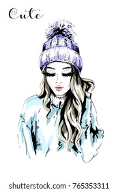 Beautiful young woman in knitted Hat with Fur Pom-Pom. Hand drawn fashion woman portrait. Stylish cute girl. Autumn outfit. Sketch.