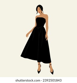 Hermosa joven mujer. Señora con un vestido negro. Vector aislado sobre fondo blanco. Ropa moderna y de diseño. Tacones altos negros, vestido de noche