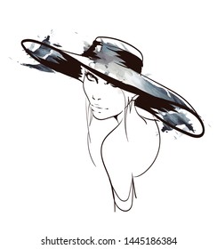 Beautiful young woman with large luxury hat. Fashion sketch. Fashion girls face. Hand-drawn fashion model. Woman face on a white background.