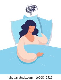 Beautiful young woman lies in bed and thinks. Concept illustration of depression, insomnia, frustration, loneliness, problems. Flat vector cartoon illustration