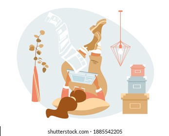 Beautiful young woman lies with graphics tablet and reading the news. Upside down pose. Woman working from home. Home office. Vector flat illustration. 