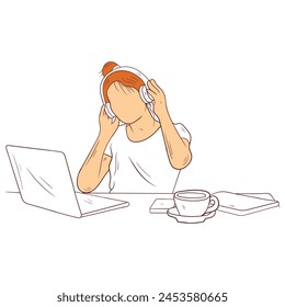 Beautiful young woman listening to music with laptop computer and relaxing while sitting in a chair at home. Vector flat illustration