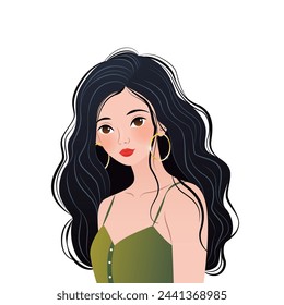 Beautiful young woman with long black hair. Vector illustration for print, poster, cover, greeting card. isolated modern art on white background. Close-up female portrait.