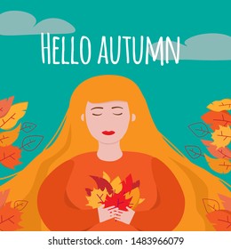 Beautiful young woman with long blond hair holding bouquet of red and orange autumn leaves under the blue sky with clouds. Poster or greeting card with Hello autumn words. Flat cartoon vector. 