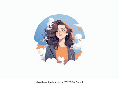 Beautiful young woman with long curly hair and bright makeup. Vector illustration