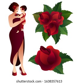 beautiful young woman in a long dress with a slit on the side of her leg. a child, a daughter in my mother's arms. beautiful bouquet, bright roses. Retro style. flower in the hair of a brunette and