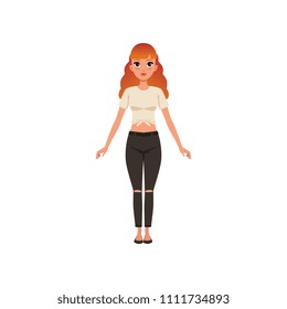 Beautiful young woman with long hair, fashionably dressed girl vector Illustration on a white background