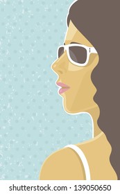 Beautiful young woman with long hair and sunglasses, turning head to her left