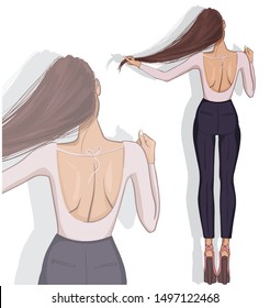 Beautiful young woman with long hair, standing back. Stylish girl in jeans. Hand-drawn fashion illustration. Vector.