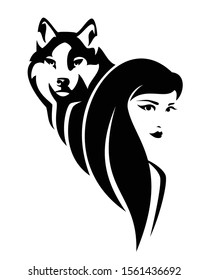 beautiful young woman with long hair and wolf spirit animal - black and white vector portrait design