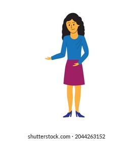 Beautiful young woman with long hair stands isolated on a white background, flat design style