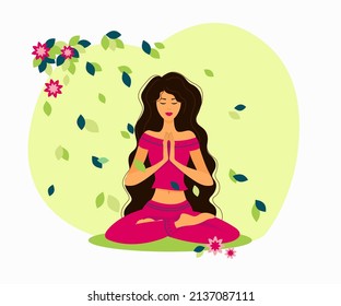 A beautiful young woman with long hair is meditating. Concept of harmony, relaxation and meditation. Vector illustration in flat style.