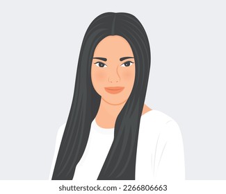 Beautiful young woman with long hair with radiant facial skin looks attractive. Beauty or health care concept vector illustration.
