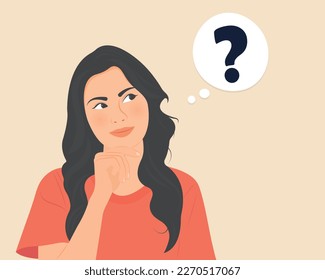 A beautiful young woman with long hair is contemplating to find an answer to a question.Vector illustration.