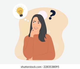 Beautiful young woman with long hair is contemplating, planning, analyzing work and income for a comfortable life. Vector illustration.