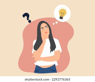 Beautiful young woman with long hair is contemplating, planning, analyzing work and income for a comfortable life. Vector illustration.