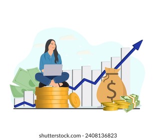 Hermosa joven con el pelo largo está sentada y trabajando en su laptop ganando dinero con negocios en línea.Ilustración vectorial.