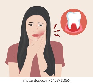 Hermosa joven con el pelo largo sufre de dolor de dientes, problemas de salud bucodental y dental. Ilustración vectorial.